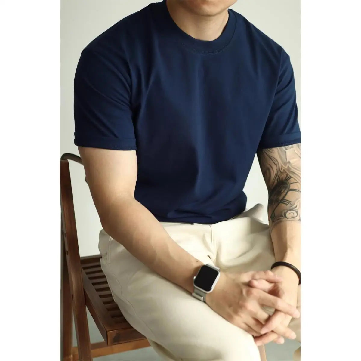 HEARUJOY  -  T-shirt American Pure Cotton Tough Guy Solid Color Men Short-sleeved Round Neck Couple Casual Versatile Business Base Shirt