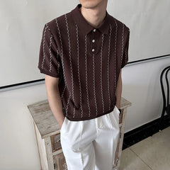 HEARUJOY  -  Summer New Men's Striped Knitted Short-Sleeved T-Shirt Retro Fashion Trend Casual Simple Loose Breathable Business Men's Tops
