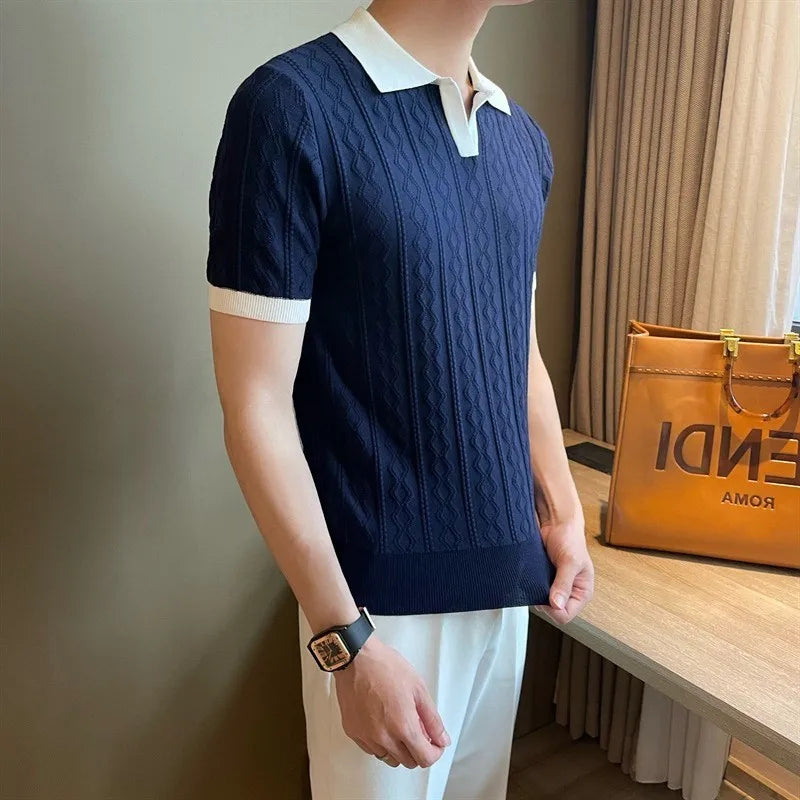 Hearujoy Summer Men's Clothing Light Luxury Korean Popular Jacquard Polo Shirt Leisure V Neck Short Sleeve Patchwork Retro Knitwear