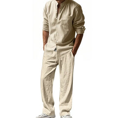 HEARUJOY  -  Men's Four-season Linen Loose and Breathable Long-sleeved Shirt, Casual Long Pants, Beach Suit