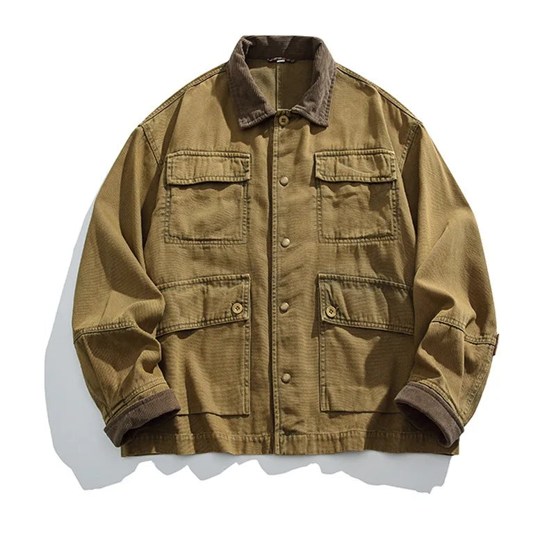 HEARUJOY  -  American Retro Heavyweight Washed Denim Jacket Multi-Pocket Workwear Coat with Contrast Collar Oversized Utility Streetwear