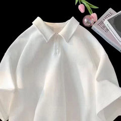 HEARUJOY  -  Brand New T-shirt Daily Wear Holiday Loose Lapel T-shirt All-match T-shirt Lapel Neckline Regular Length Short Sleeve