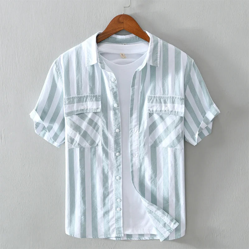 HEARUJOY  -  Harajuku Cotton Striped Shirt Men Japanese Style Summer Holiday Beach Short Sleeve Shirts for Man Clothing Camisa Masculina