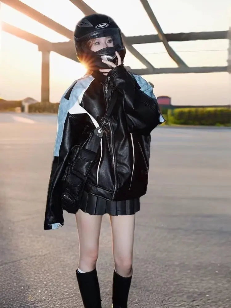 HEARUJOY  -  Men's Motorcycle Leather Jacket Color Block Racing PU Leather Coat Women Spring New Zip Up Stand Collar Hip Hop Street Outwear