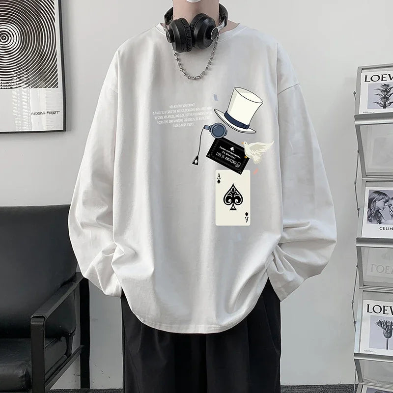 HEARUJOY  -  Men's Cotton Plain T-shirts Full Sleeves White Fashion Mens Oversized T Shirt 5XL Casual Wear Magic Print Tee Shirts for Men