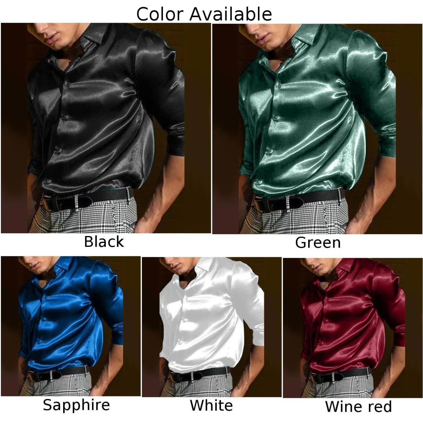 HEARUJOY  -  Men's Satin Silk Dress Shirt Long Sleeve Casual Button Down Shirts Disco Club Fashion Blouse Top New