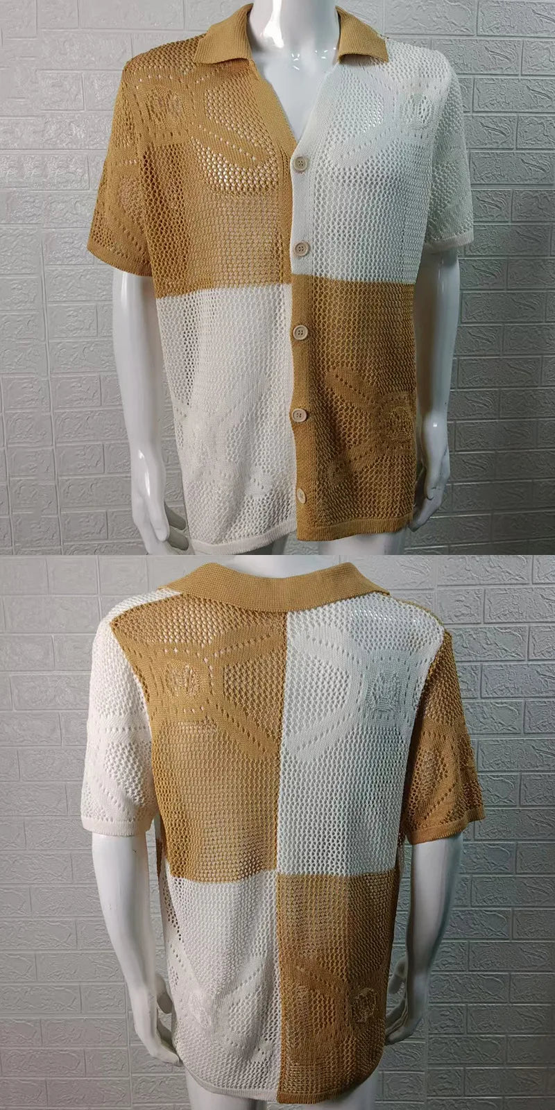 HEARUJOY  -  Color Blocked Hollow Out Knitting Shirts For Men Summer Thin Short Sleeve Button Cardigan Sweater Fashion Casual  Loose Knitwear