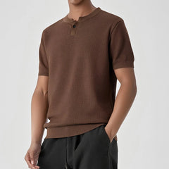 HEARUJOY  -  Vintage Men's Henley Neck Knit T Shirts Summer Casual Breathable Slim Fit Elastic Knitted Tee Men Fashion Short Sleeve Pullovers