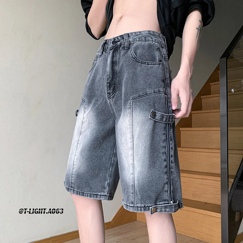 Hearujoy Summer High Street Vibe Jeans Fashion Retro Street Stitching Zipper Denim Shorts Street Hip-hop Men Straight Wear White Pants