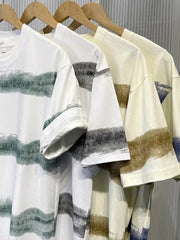 HEARUJOY  -  250G Cotton Summer T-shirts Men Korean Fashion Irregular Stripes Basic Tees Y2K Tops Short Sleeve Oversized T Shirts