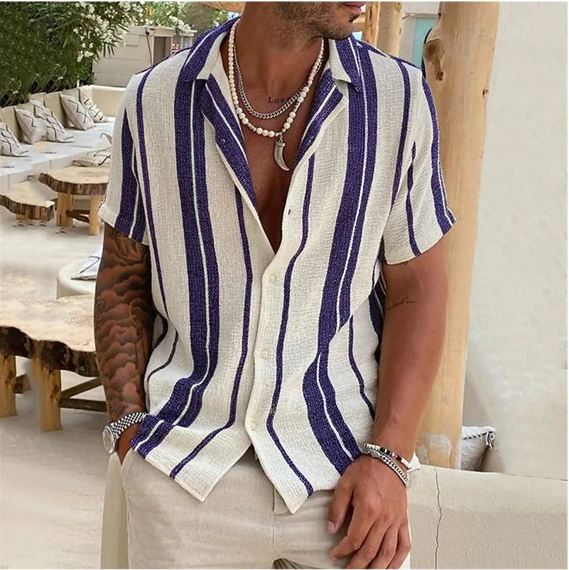 HEARUJOY  -  New Men's Slub Cotton Shirt Stripe Short Sleeve Collar Cardigan Summer Fashion Loose Oversize Shirts Top Streetwear Male