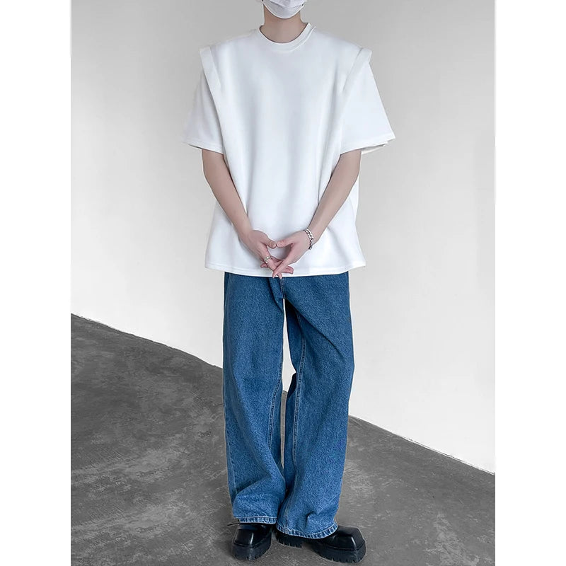 HEARUJOY  -  Summer Shoulder Pad T Shirt Men Fashion Black White Short Sleeved T-shirt Men Streetwear Korean Loose Casual T Shirt Mens Top