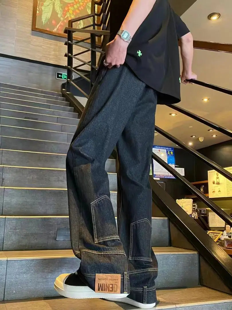 HEARUJOY  -  Backwards Wear Mens High Street Vibe Jeans Clean Fit Loose Straight Denim Pants Spring Summer Design Sense Trousers Unisex