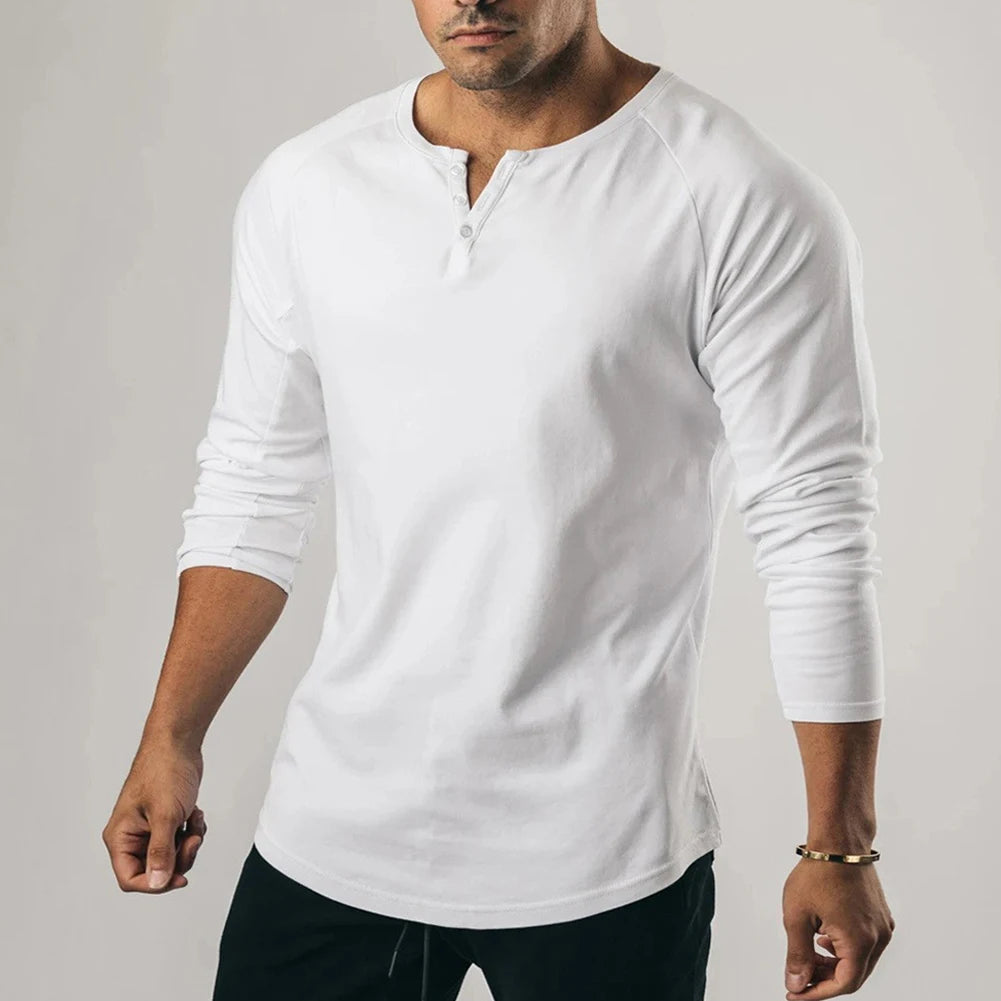 HEARUJOY  -  Fashion New T-Shirt Mens Elastic Henley Grandad Long Sleeve Pullovers Slim Fit Solid Color Undershirt V Neck Tops
