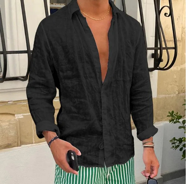 HEARUJOY  -  Men Seaside Beach Vintage Solid Cardigans Top Spring New Casual Linen Shirts Mens Long Sleeve Button-up Turn-down Collar Shirt