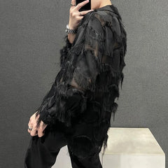 Hearujoy Men Sexy Mesh See-Through Feather Tassel Long-Sleeve Shirt Autumn Genderless Nightclub Personalized Stage Performance Top Unisex