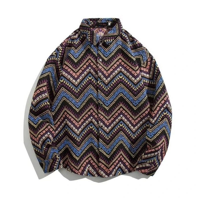 HEARUJOY  -  Cuban Colored Numb Ethnic Style Shirt Men Weaving and Embroidered Spring and Autumn Retro Hong Kong Style Shirt Jacket