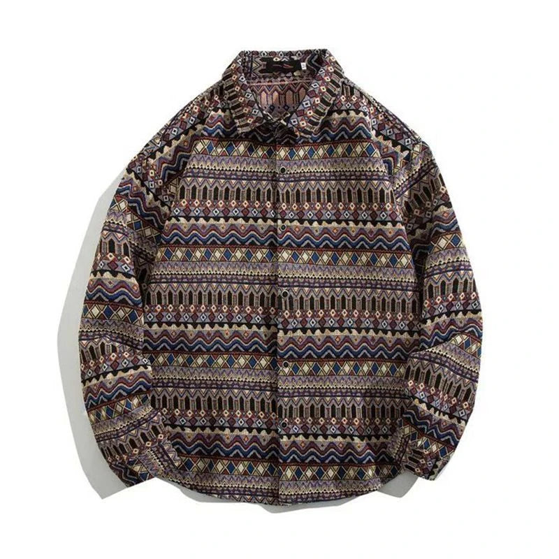 HEARUJOY  -  Cuban Colored Numb Ethnic Style Shirt Men Weaving and Embroidered Spring and Autumn Retro Hong Kong Style Shirt Jacket