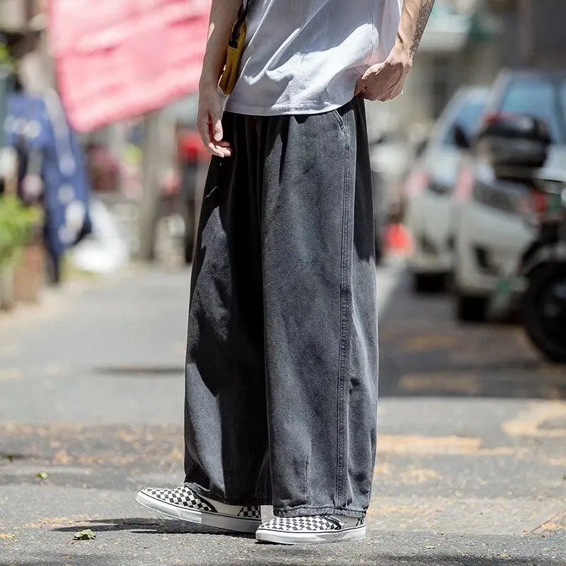 Hearujoy Streetwear jeans cargo pants Loose Plus Size Wide Leg Pants Solid color Japanese Harajuku Casual Denim Pants Men Clothing