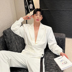 Hearujoy Korean Streetwear For Men 2023 Men's Sets Two-piece Solid Color Short Jacket Suit Strip Wide Leg Pants Casual Trend Male Suit