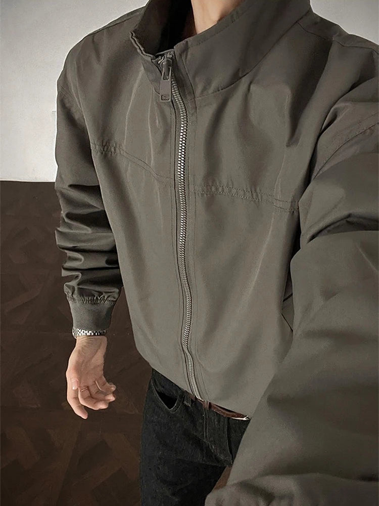 HEARUJOY  -  Trendy Slim Long Sleeve Men's Jacket Coat Streetwear Vintage Zip-up Stand Collar Jackets Spring Autumn Casual Mens Outerwear