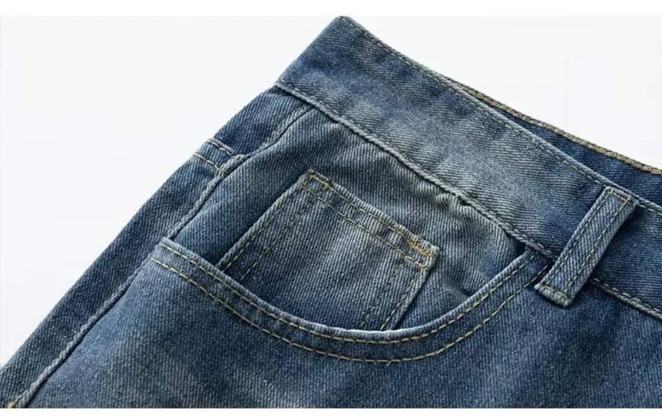 HEARUJOY  -  Street American Micro Flared Jeans Mens Petal Embroidery Washed Cowboy Pants Straight Tube Burr Edge Hip Hop Denim Trousers