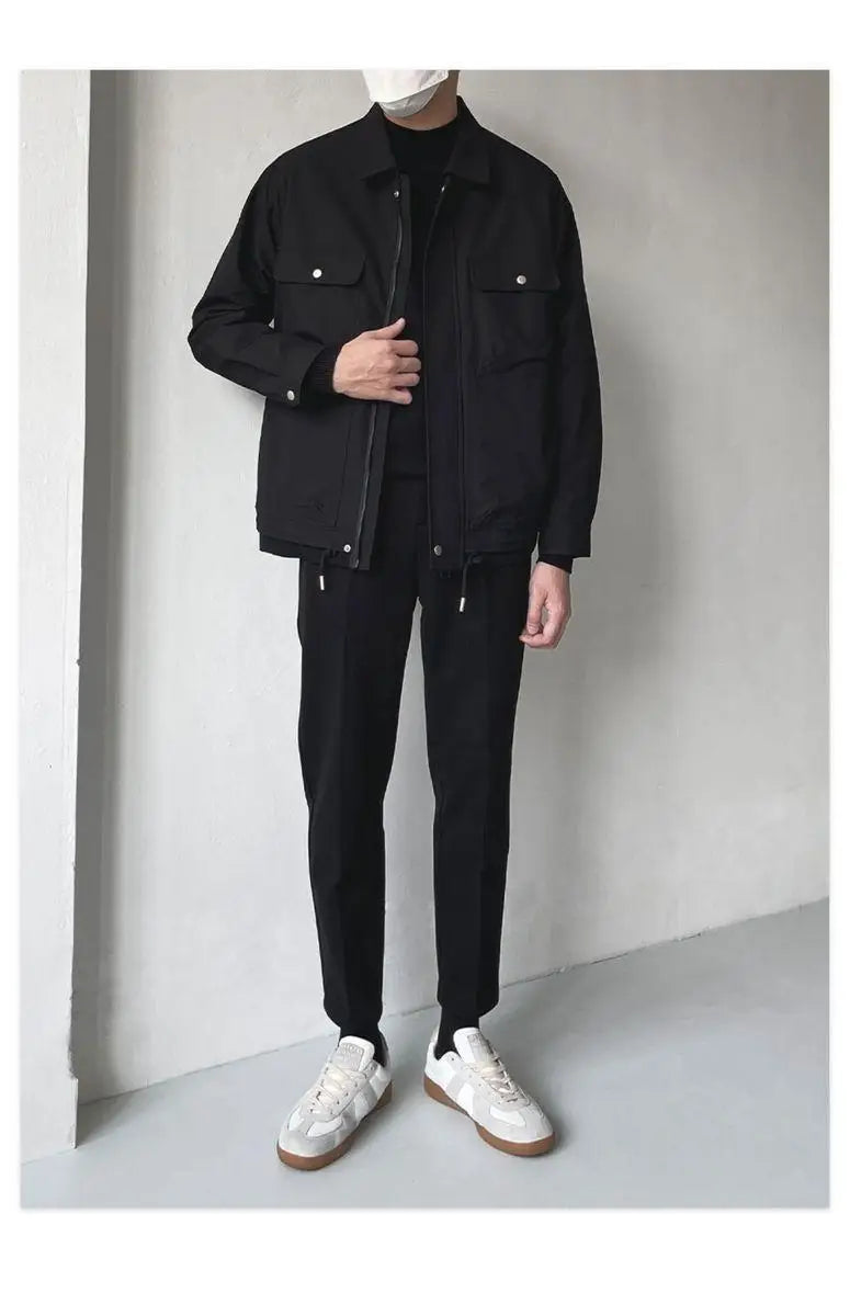 HEARUJOY  -  Lapel men's spring and autumn casual workwear Korean style fashion black short