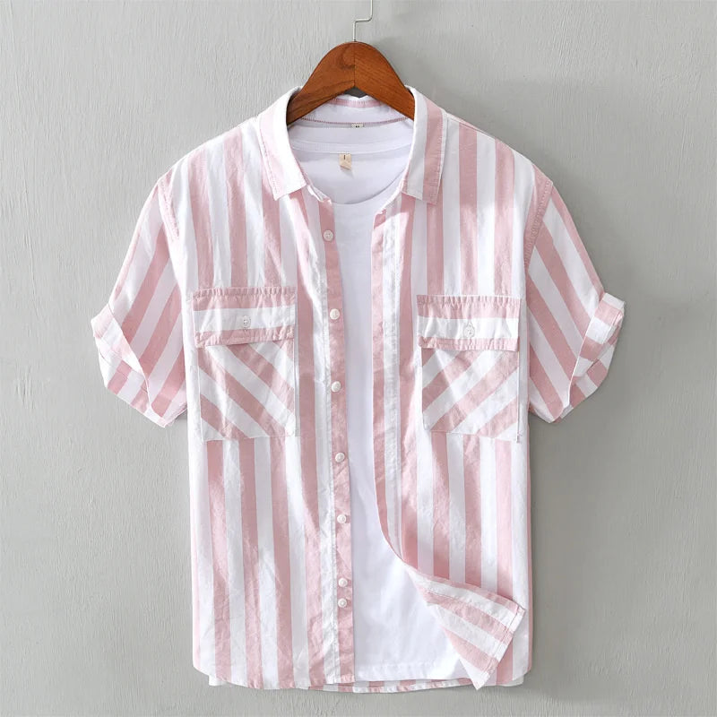 HEARUJOY  -  Harajuku Cotton Striped Shirt Men Japanese Style Summer Holiday Beach Short Sleeve Shirts for Man Clothing Camisa Masculina
