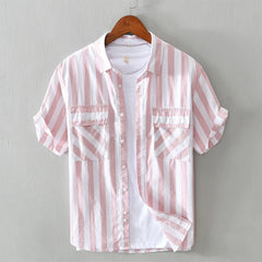 HEARUJOY  -  Harajuku Cotton Striped Shirt Men Japanese Style Summer Holiday Beach Short Sleeve Shirts for Man Clothing Camisa Masculina