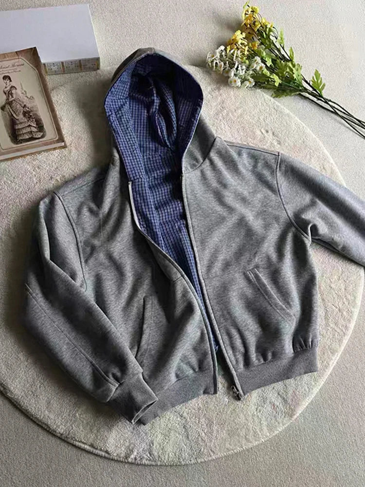 HEARUJOY  -  Stylish Plaid Printing Hooded Sweatshirts Men Spring Autumn Outdoor Fashion Zip-up Hoodie Jackets Mens Streetwear Y2K Cardigans