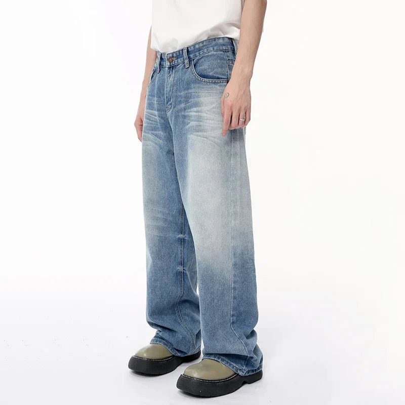 Hearujoy Fashion Men's Denim Pants Casual Worn-out Washing Wide Leg Jeans Vintage Loose Straight Male Trousers Summer 9C6395