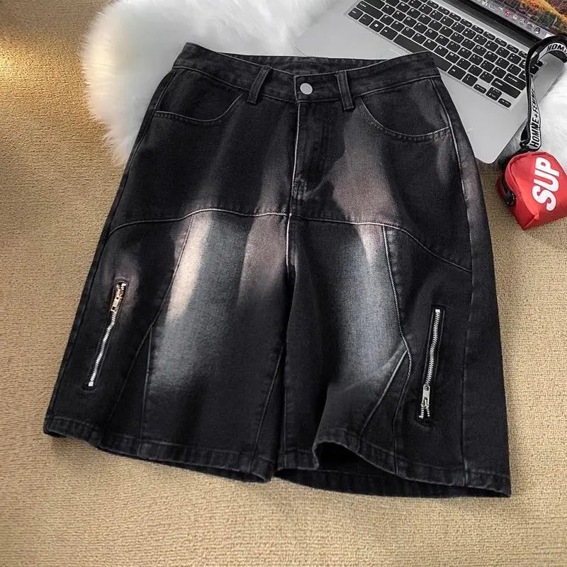 Hearujoy Streetwear Men Summer Loose Casual Denim Shorts Men Zipper Straight Versatile Five Point Pants Hip Hop Sports Basketball Shorts