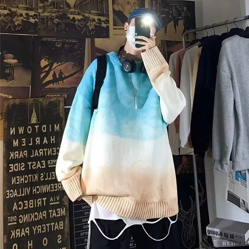 HEARUJOY  -  Men's Crew Neck  Loose Contrast Gradient Knitted Sweater
