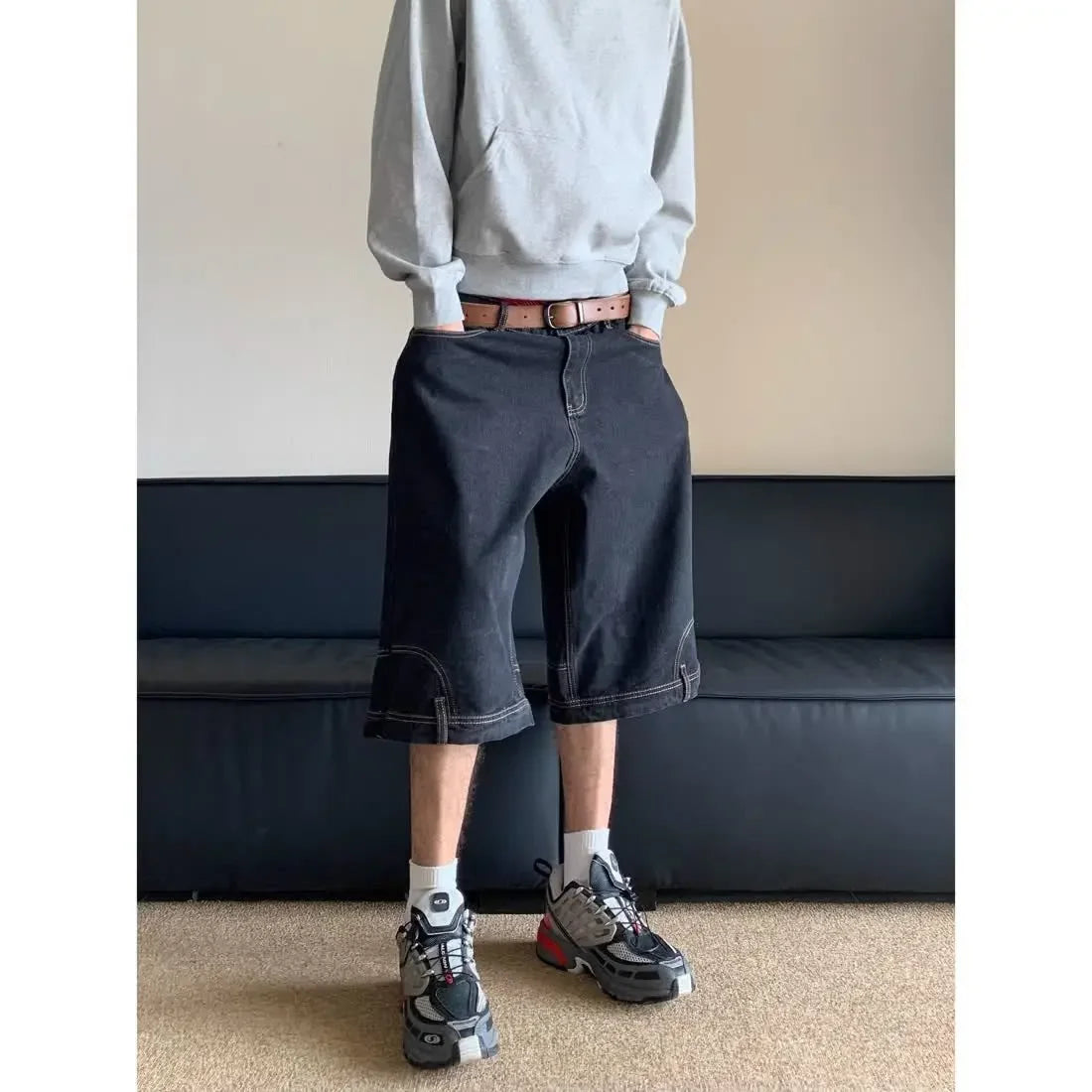 HEARUJOY  -  Hip Hop Retro Waist Inverted Design Men Denim Shorts Instagram Gothic Street Apparel Loose Straight Leg Pants Sports Pants