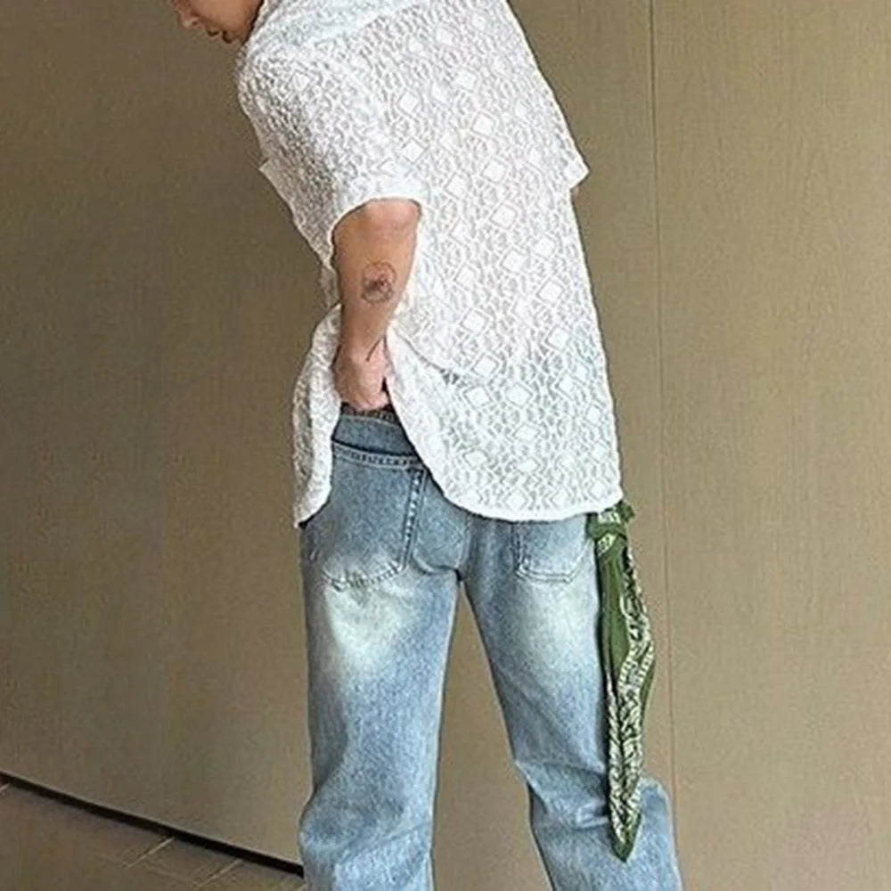 HEARUJOY  -  Mens Shirt Lace See-Through Transparent Geometric Shirt Summer Beach Vacation Hawaiian Slim Short Sleeve Top Men'S Clothing