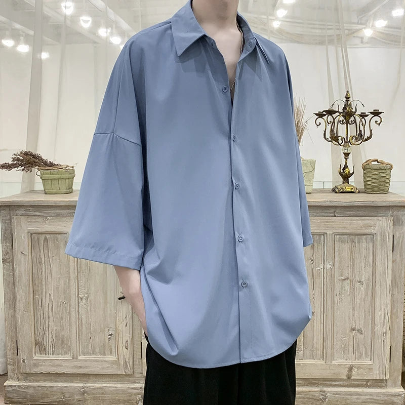HEARUJOY  -  Summer Short Sleeved Shirt Men Oversized Society Mens Black Dress Shirt Korean Loose Ice Silk Shirt Mens Office Formal Shirts