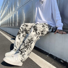 Hearujoy Mens Fashion Printed jeans Spring Mopping Trousers Jeans Korean Style High Street Loose Hip Hop Wide-leg Jean Pants