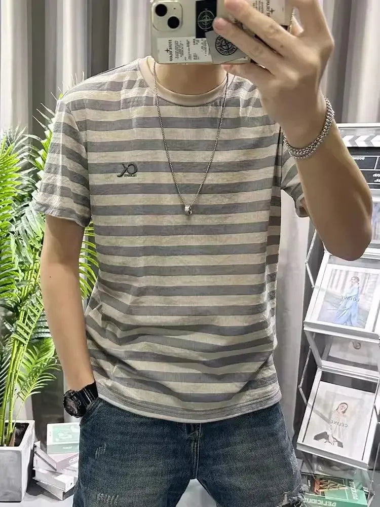 HEARUJOY  -  Man Tee Shirts O Neck Striped Apricot Cotton Linen T Shirt for Men Short Quarter Sleeve Summer Basic Cheap Clothes Ordinary Top