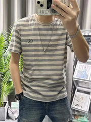 HEARUJOY  -  Man Tee Shirts O Neck Striped Apricot Cotton Linen T Shirt for Men Short Quarter Sleeve Summer Basic Cheap Clothes Ordinary Top