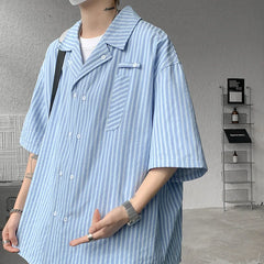 HEARUJOY  -  Summer White Short Sleeved Shirt Men Society Mens Dress Shirt Korean Loose Casual Blue Stripe Shirt Mens Office Formal Shirts
