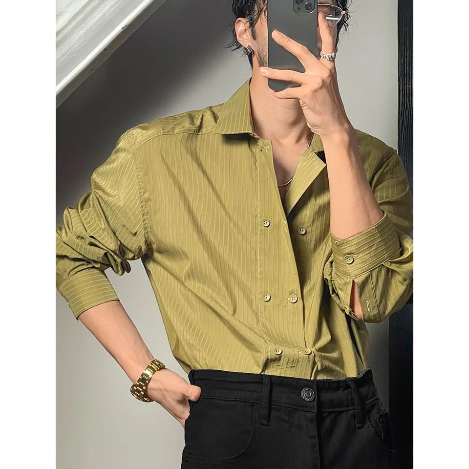 Hearujoy High-end Simple Striped Double Breasted Shirt for Men Autumn New Korean Style Trendy Solid Color Long Sleeves Men's Social Shirt