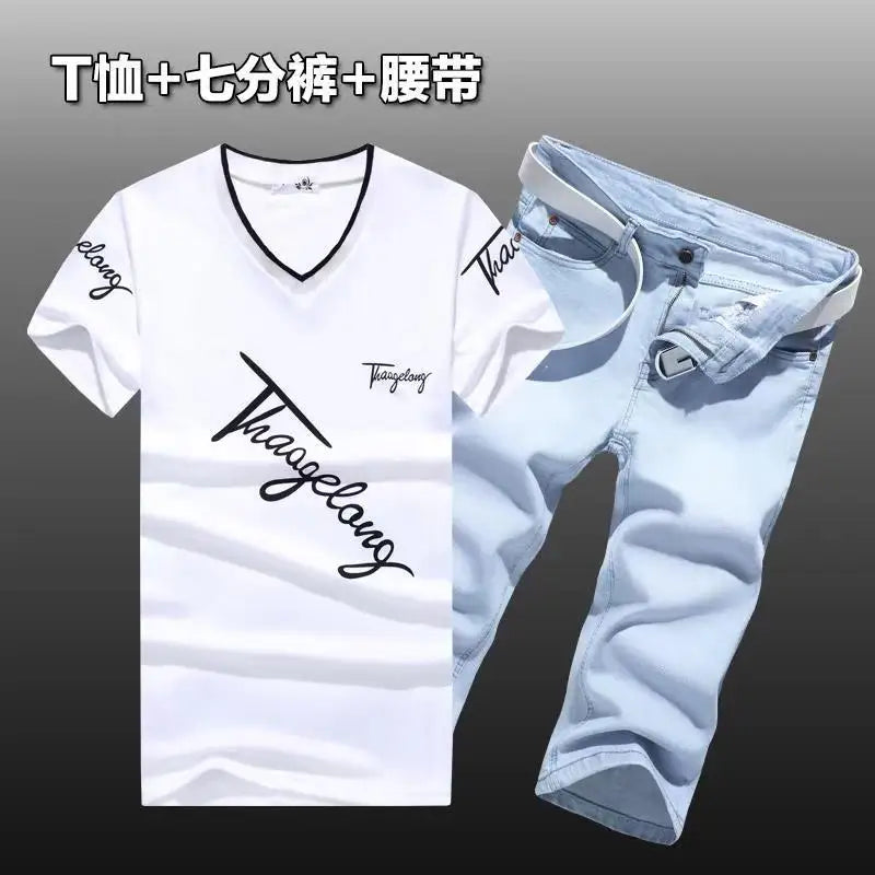 HEARUJOY  -  Summer Men Set Cotton T-Shirts Denim shorts New Tide Cowboy Shorts two Piece suits  Handsome Men's Sets