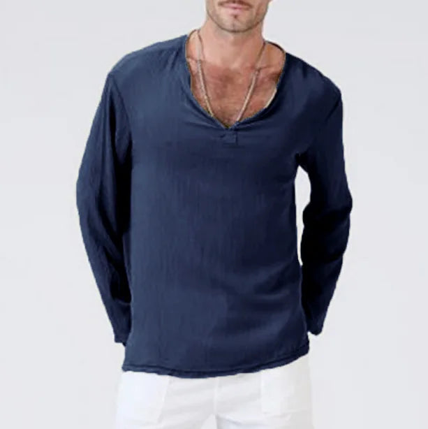 HEARUJOY  -  Spring New Men's Cotton and Linen Solid Color V-neck Casual Retro Loose Large Size Long Sleeve T-shirt Shirt