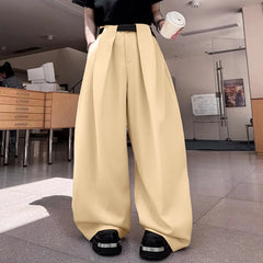 HEARUJOY  -  Men Pants Solid Color Button Joggers Oversize Male Wide Leg Pants Streetwear Pleated Fashion Casual Trousers Men
