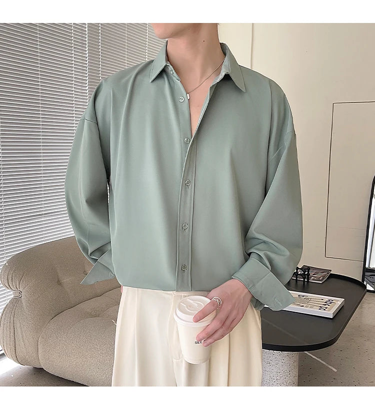 HEARUJOY  -  Long Sleeved Shirt Men Oversized Fashion Social Mens Dress Shirt Korean Loose Ice Silk White Shirt Mens Office Formal Shirts