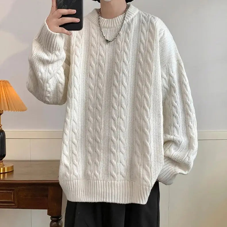 Hearujoy Solid Colour Ribbed Twist Pattern Round Neck Pullover Sweater Men Women Autumn Winter Couple Loose Knitted Woolen Top Warm Soft