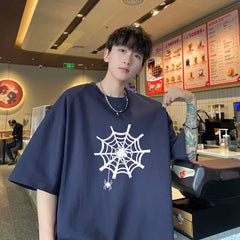 Hearujoy Harajuku Men Oversized Tee Shirts Spider Web Printed Summer Short Sleeve All-match T-Shirts Men's Korean Loose Cotton Tops 5XL-S