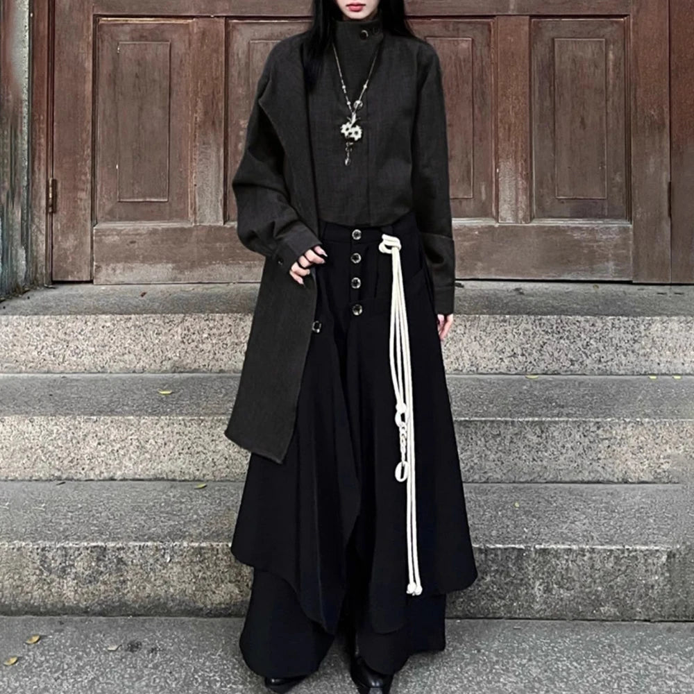 HEARUJOY  -  Y2k Layered Buttoned Culottes Dark Gothic Style Hakama Genderless Japanese Streetwear Casual Wild Wide-Leg Samurai Pants Unisex