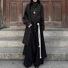 HEARUJOY  -  Y2k Layered Buttoned Culottes Dark Gothic Style Hakama Genderless Japanese Streetwear Casual Wild Wide-Leg Samurai Pants Unisex