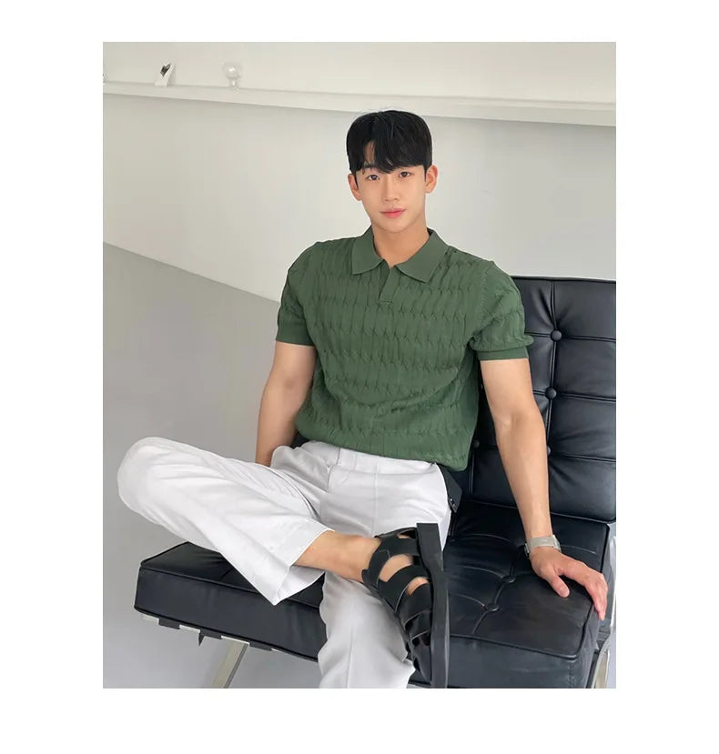HEARUJOY  -  Summer Clothing Men's Light Luxury Knitted Jacquard Polo Shirt V-Neck Solid Color Short-sleeved Korean Popular Leisure Knitwear